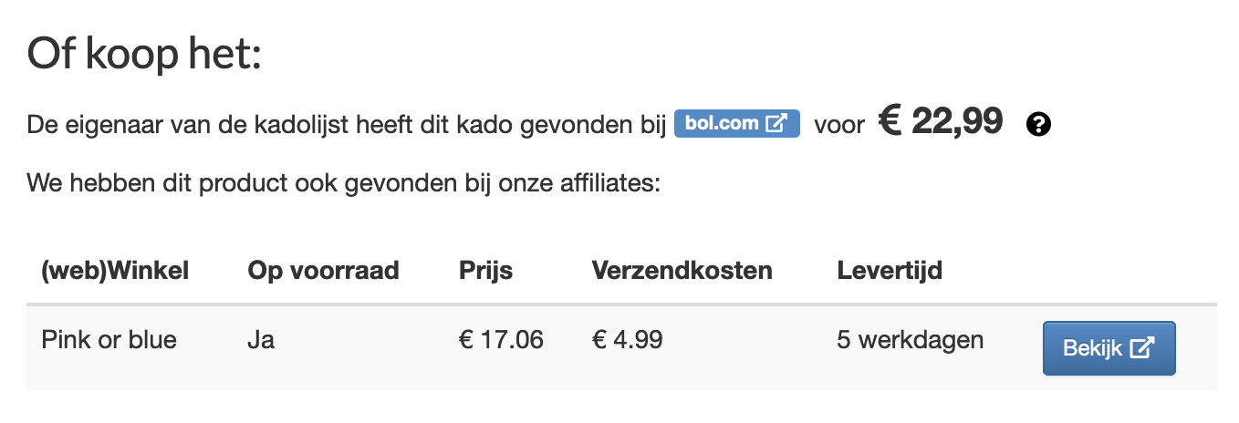 Prijsinformatie van een kado